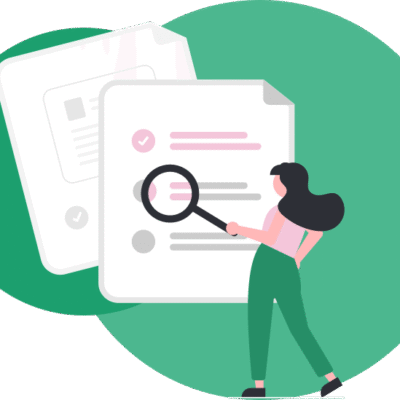 illustration girl looking at documents with a magnifying glass