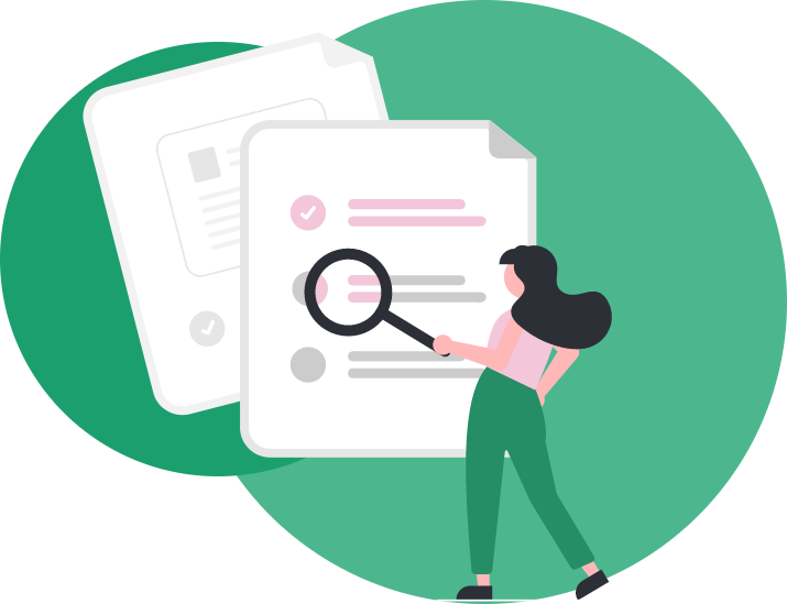 illustration girl looking at documents with a magnifying glass