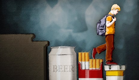 Ilustrație cu un băiat care pășește peste o bere, țigări și o cutie de pastile