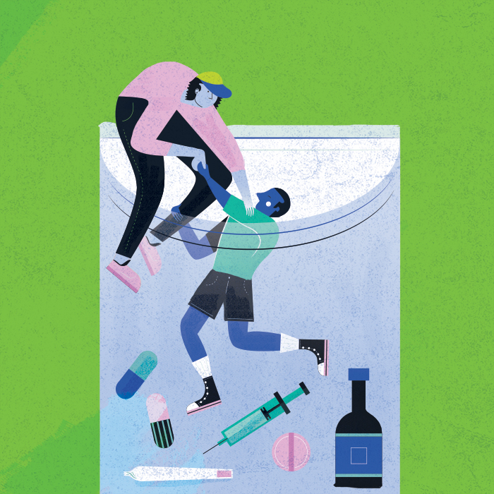 Ilustrație cu o persoană care scoate altă persoană dintr-un vas cu pastile, seringi și sticle 